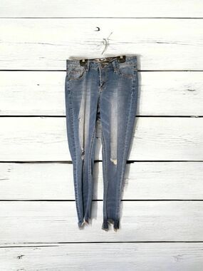 Suzanne Betro Distressed Skinny Jeans Light Wash Ripped Knee Raw Hem Size 10